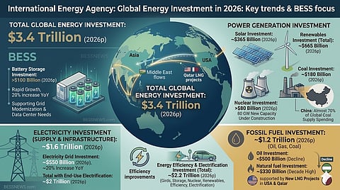 An infographic displaying 2026 projected investments across energy sectors, highlighting $3.4 trillion in total spending with a focus on BESS, electricity infrastructure and changing global energy trade.