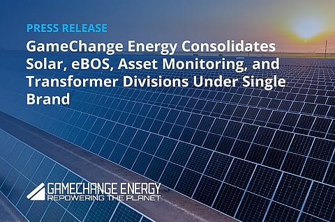 An infographic detailing GameChange Energy’s consolidation, showing independent business units for solar trackers, transformers, EBOS solutions and asset monitoring transitioning into a unified, integrated energy platform.