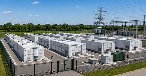 A utility-scale battery energy storage system (BESS) facility with rows of containerized battery units connected to a high-voltage electrical substation, illustrating large-scale grid-connected energy storage infrastructure in the Netherlands.