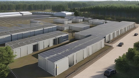 A large-scale BESS facility with multiple containerised units, representing the 2000MW/4000MWh capacity tendered by MSEDCL under Phase 2 for on-demand energy storage.