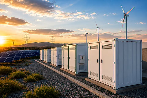 The image depicts the Naos-1 hybrid renewable energy project in South Africa, combining PV panels with battery storage containers to deliver reliable, dispatchable power to commercial and industrial users.