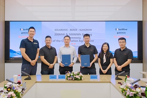 Infographic showing Berde Renewables' partnership with Sungrow Power and Solar Hive for 200 MW of solar inverters and 500 MWh of battery energy storage systems across the Philippines and Thailand under a three-year Master Framework Agreement.