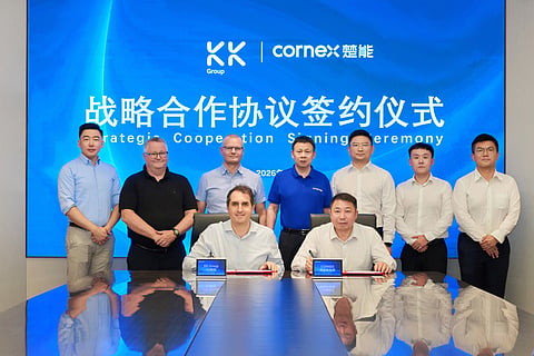 CORNEX and KK Group executives at the signing ceremony for a 5 GWh battery energy storage framework agreement supporting utility-scale BESS deployment in Europe.
