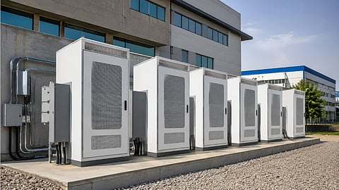 An AI-generated illustration shows aligned modular battery storage cabinets beside a commercial building, representing the BESS products Havells India and Pixii plan to pilot and co-develop for residential and C&I customers in India.