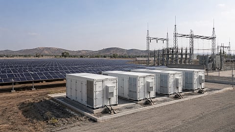 An illustrative solar PV and containerised battery installation represents the 17 MW AC solar and 12.5 MW/50 MWh BESS tender issued by REMC Limited for railway land at Dahod in Gujarat.