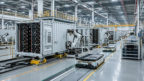 An industrial manufacturing facility contains BESS containers, automated assembly equipment, guided vehicles and material-handling systems arranged along a battery storage production line.