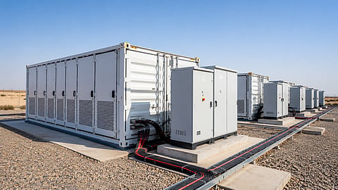 An AI-generated illustration of a containerised battery storage site representing ACME Suryodaya Private Limited’s 110.336 MWh BESS commissioning at Sanwara and Mehar Nagar villages in Jaisalmer, Rajasthan.