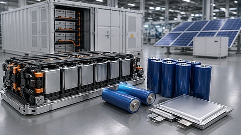 High-resolution image of lithium-ion battery cells, battery modules, and a containerized battery energy storage system (BESS) inside a modern manufacturing facility with solar panels in the background.
