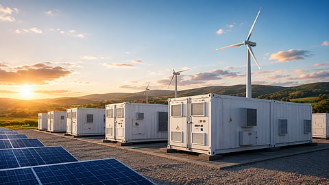 Wide-angle view of a utility-scale battery energy storage system with containerized BESS units, solar panels, and wind turbines operating in a rural landscape at sunset, representing hybrid renewable energy infrastructure in Italy.