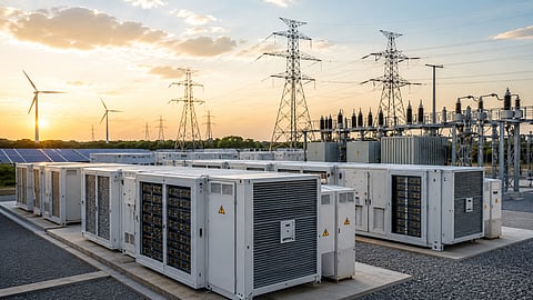 Utility-scale battery energy storage containers connected to a high-voltage transmission substation in India, representing POWERGRID's 500 MW/1,000 MWh BESS tender for nationwide deployment.