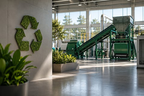 Interior of a clean industrial recycling facility with processing equipment, greenery and a recycling symbol, illustrating consumer battery recycling education.