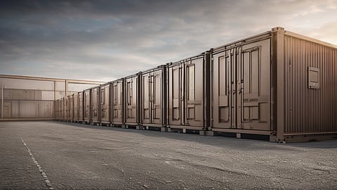 Containerised BESS units at a utility-scale energy storage facility in the dry landscape of Jaisalmer, Rajasthan.