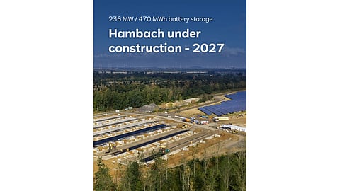 Construction of RWE's 236 MW / 470 MWh lithium-ion battery energy storage system at Hambach, Germany, with battery containers being installed for a grid-scale renewable energy storage project scheduled for commissioning in 2027.