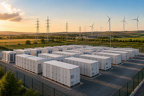 A conceptual illustration of a utility-scale battery energy storage system in Romania, representing Alcemi's newly acquired 300 MW Medgidia and 275 MW Șura Mare BESS projects designed as four-hour storage facilities supporting grid flexibility and renewable energy integration