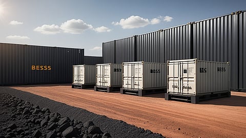 The containerised BESS units and solar panel rack shown depict an illustrative view of the Mammoth Solar project in Kanawha County, West Virginia, which will combine 86 MW of utility-scale solar with short- and long-duration storage to serve Google's regional data centers.