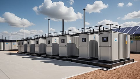 Containerised battery energy storage units beside a grid substation.