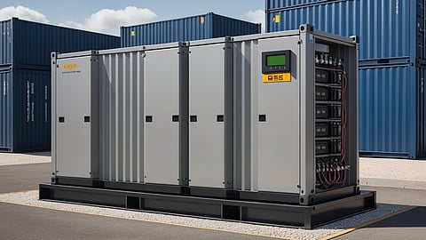 Containerised battery energy storage units at a manufacturing site.