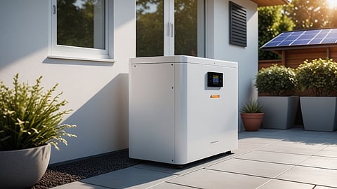 Illustrative rendering of a white home battery storage unit beside a house wall, with rooftop.