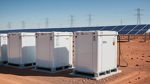 Battery storage containers beside a solar array under a clear sky.