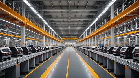 A battery module assembly line inside a large manufacturing plant.