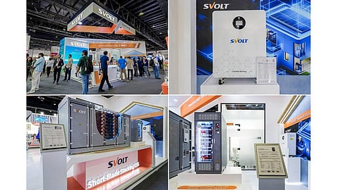 SVOLT Energy's exhibition stand at Middle East Energy 2026 with three storage systems.
