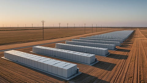 Illustrative rendering of rows of battery enclosures at a utility-scale storage site with a substation.