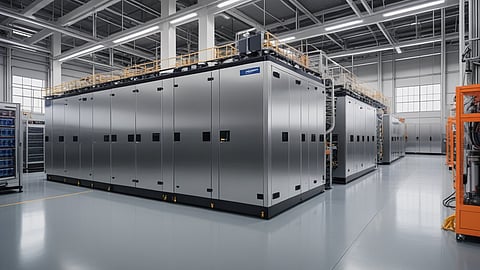Illustrative rendering of steel BESS enclosures on a factory floor, like Eos' Thorn Hill Line 2 plant.