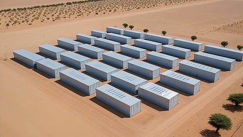 Illustrative rendering of white battery containers in rows on Rajasthan desert sand for ACME Solar's BESS.