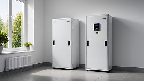 Illustrative rendering of two floor-standing home battery cabinets in a clean utility room.