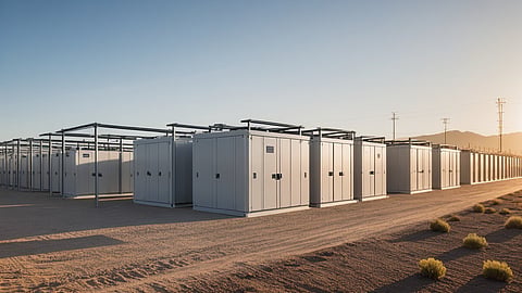 Illustrative rendering of grey steel enclosures with racks of battery modules beside an inverter skid.