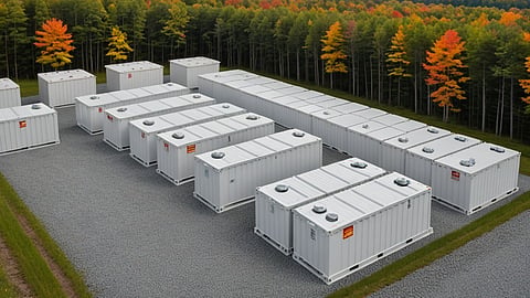 Illustrative rendering of aerial view of rows of white battery containers on gravel beside autumn trees.