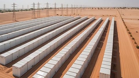 Illustrative rendering of rows of white battery storage containers on dry flat land below transmission towers.