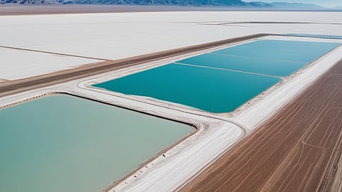 Illustrative rendering of lithium brine evaporation ponds for an MIT LGO supply risk brief.
