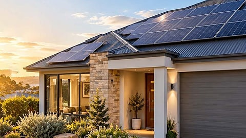 Australian house with rooftop solar panels at sunset.