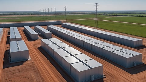 Illustrative rendering of rows of battery storage containers and power lines on red soil.
