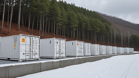 Illustrative rendering of battery containers beside a snowy path below a forested hill.