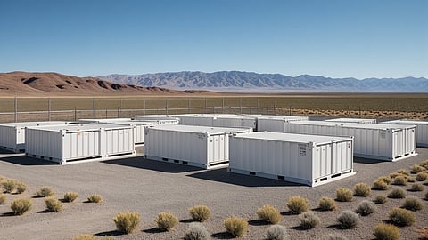 Illustrative rendering of white BESS containers on a gravel pad in sagebrush desert, evoking Clearway Energy's Utah projects.
