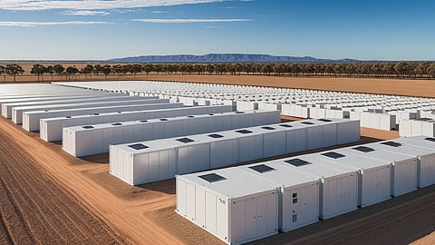 Illustrative rendering of rows of white battery enclosures on dry farmland with gum trees behind.
