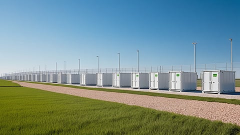 Illustrative rendering of rows of white battery containers on gravel beside green prairie.