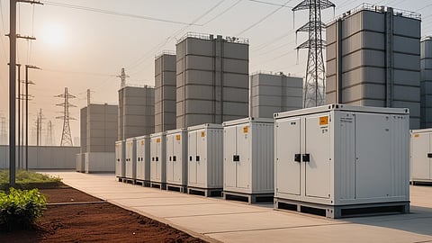 Illustrative rendering of white battery containers on a concrete pad beside power pylons in hazy evening light.