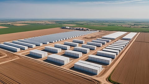 Illustrative rendering of rows of white battery containers among ploughed fields in Romania.