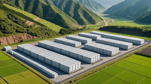 Illustrative rendering of white battery containers in rows among green forested hills in Japan.