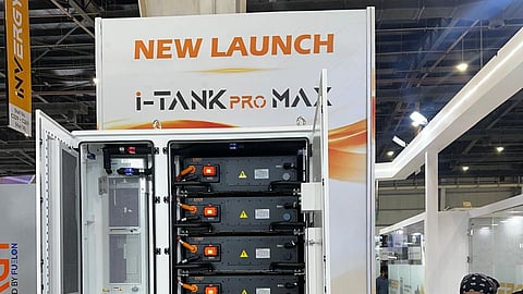 Invergy's i-TANK PRO MAX battery cabinet with its doors open under a new launch sign.