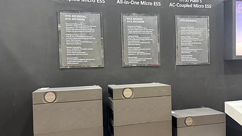 Three grey HYXI Halo micro energy storage units on display under signs for the Halo.