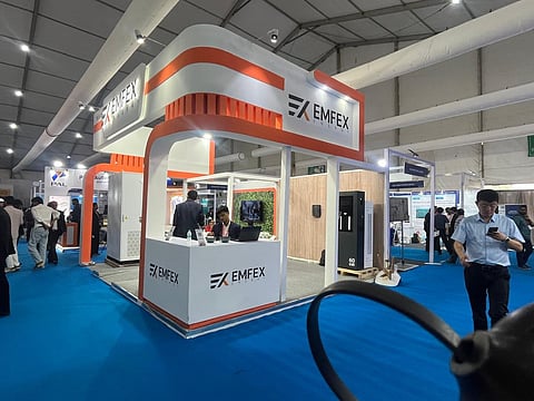 Emfex Energy stand at REI Expo 2026 with an orange and white arch.