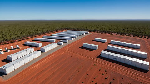 Illustrative rendering of white battery containers in rows on red earth beside woodland.