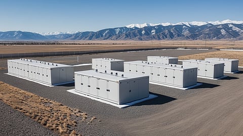 Illustrative rendering of white battery cabinets on gravel with snow-capped Colorado mountains beyond.