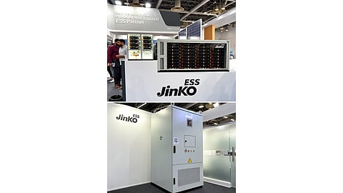Jinko ESS displayed its SunTera G3 6.25 MWh liquid-cooled battery energy storage system and SunGiga G2 and G2+ solutions at Renewable Energy India Expo 2026. (Image Credit: BESSNews.com)