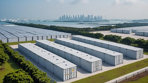 Illustrative rendering of rows of white battery containers near the sea and a city skyline.