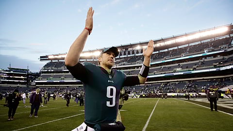 Philadelphia Eagles’ Nick Foles celebrates as he runs off the field after an NFL football game against the Houston Texans, Sunday, Dec. 23, 2018, in Philadelphia. Philadelphia won 32-30. (AP Photo/Matt Rourke)